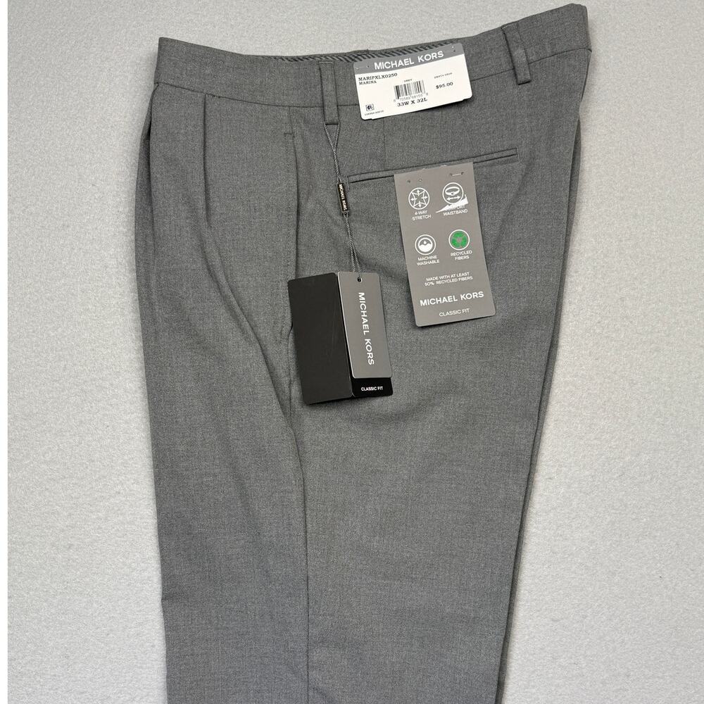 Michael Kors Men's Pleated Solid Classic Fit Pants Gray 33x32 $95